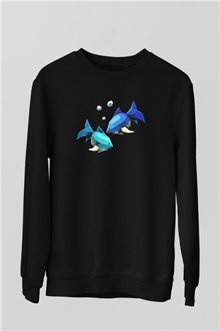 Balık Burcu Baskılı Unisex Siyah Sweatshirt