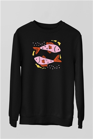 Balık Burcu Baskılı Unisex Siyah Sweatshirt