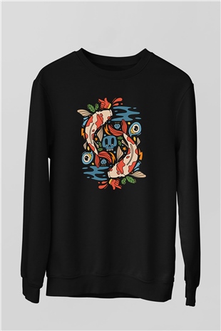Balık Burcu Baskılı Unisex Siyah Sweatshirt