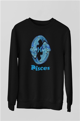 Balık Burcu Baskılı Unisex Siyah Sweatshirt