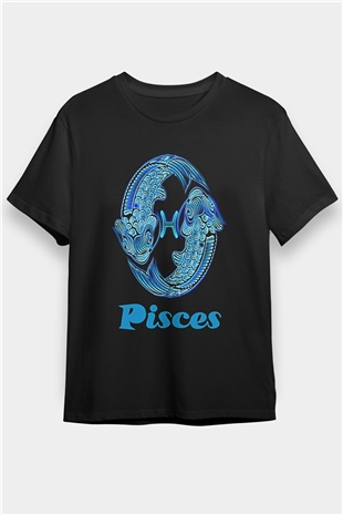 Balık Burcu Baskılı Unisex Siyah Tişört - Tshirt