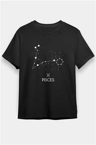 Balık Burcu Baskılı Unisex Siyah Tişört - Tshirt