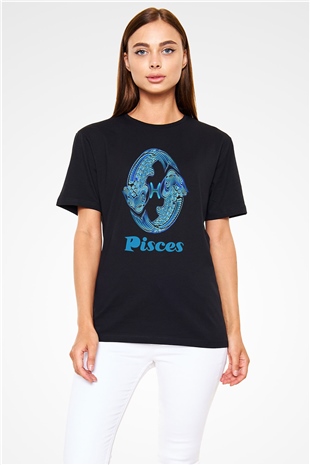 Balık Burcu Baskılı Unisex Siyah Tişört - Tshirt