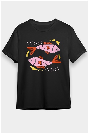 Balık Burcu Baskılı Unisex Siyah Tişört - Tshirt