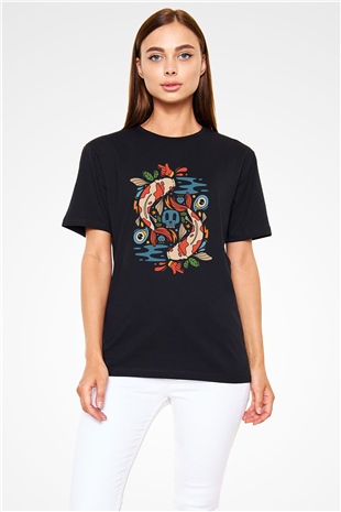 Balık Burcu Baskılı Unisex Siyah Tişört - Tshirt