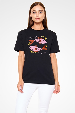 Balık Burcu Baskılı Unisex Siyah Tişört - Tshirt