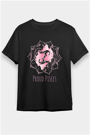 Balık Burcu Baskılı Unisex Siyah Tişört - Tshirt