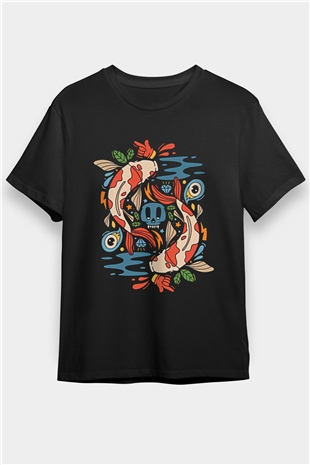 Balık Burcu Baskılı Unisex Siyah Tişört - Tshirt