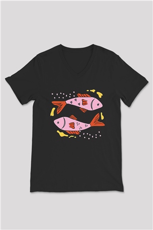 Balık Burcu Baskılı Unisex Siyah V Yaka Tişört - Tshirt