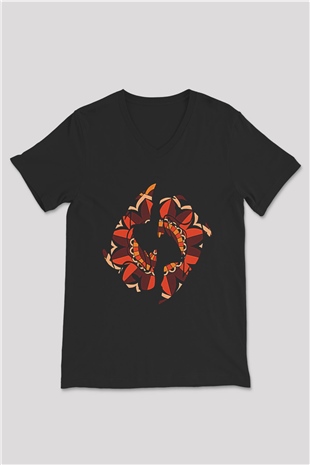 Balık Burcu Baskılı Unisex Siyah V Yaka Tişört - Tshirt