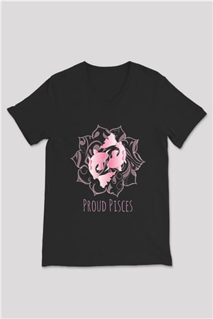 Balık Burcu Baskılı Unisex Siyah V Yaka Tişört - Tshirt