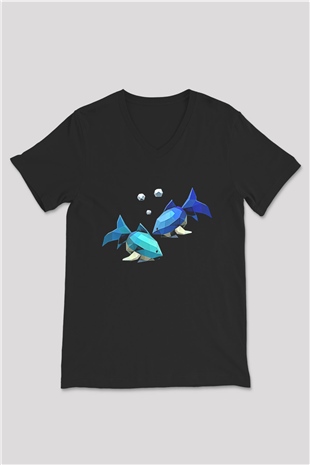 Balık Burcu Baskılı Unisex Siyah V Yaka Tişört - Tshirt