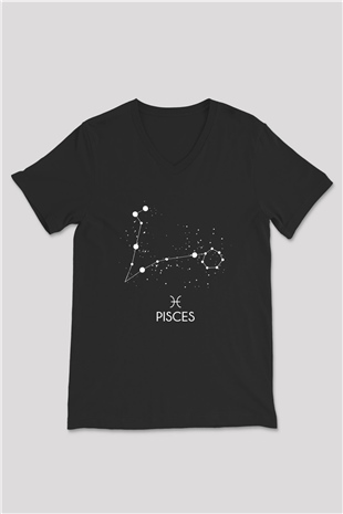 Balık Burcu Baskılı Unisex Siyah V Yaka Tişört - Tshirt