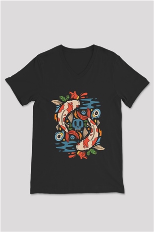 Balık Burcu Baskılı Unisex Siyah V Yaka Tişört - Tshirt
