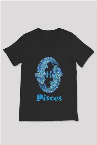 Balık Burcu Baskılı Unisex Siyah V Yaka Tişört - Tshirt