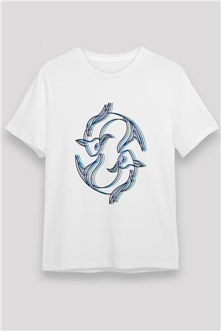 Balık Burcu Unisex Baskılı Beyaz Tişört - Tshirt