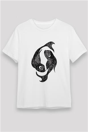 Balık Burcu Unisex Baskılı Beyaz Tişört - Tshirt