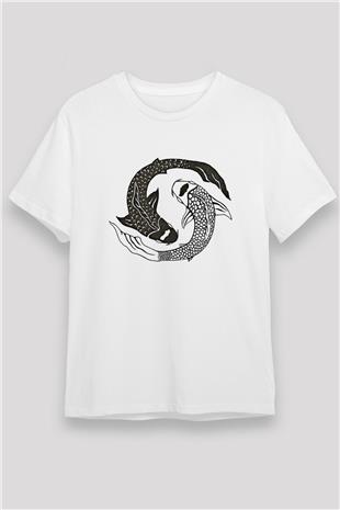 Balık Burcu Unisex Baskılı Beyaz Tişört - Tshirt