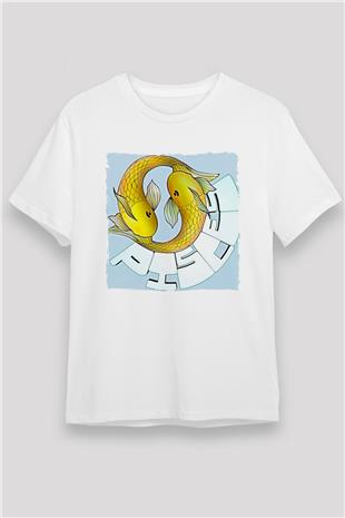 Balık Burcu Unisex Baskılı Beyaz Tişört - Tshirt