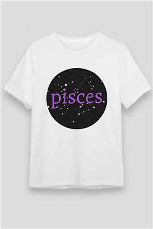 Balık Burcu Unisex Baskılı Beyaz Tişört - Tshirt