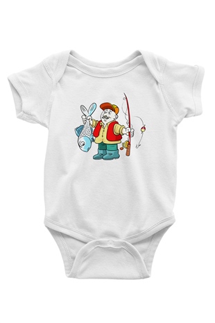 Balıkçı Baskılı Beyaz Unisex Bebek Body - Zıbın