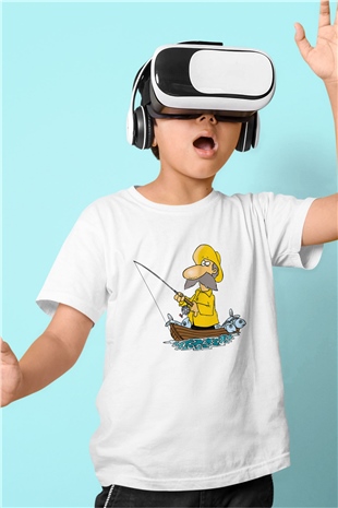 Balıkçı Baskılı Beyaz Unisex Çocuk Tişört