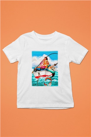 Balıkçı Baskılı Beyaz Unisex Çocuk Tişört