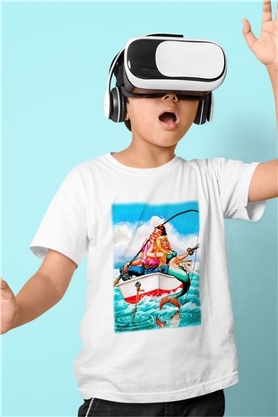 Balıkçı Baskılı Beyaz Unisex Çocuk Tişört