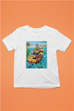 Balıkçı Baskılı Beyaz Unisex Çocuk Tişört