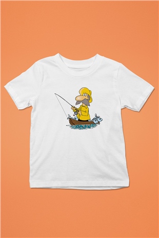 Balıkçı Baskılı Beyaz Unisex Çocuk Tişört