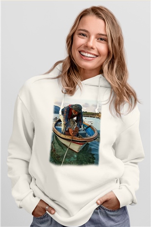 Balıkçı Beyaz Unisex Hoodie