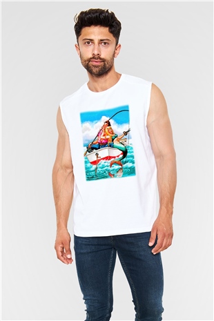 Balıkçı Beyaz Unisex Kolsuz Tişört