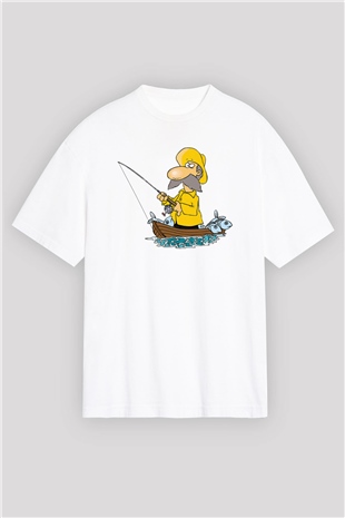 Balıkçı Beyaz Unisex Oversize Tişört T-Shirt