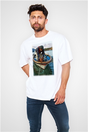 Balıkçı Beyaz Unisex Oversize Tişört T-Shirt
