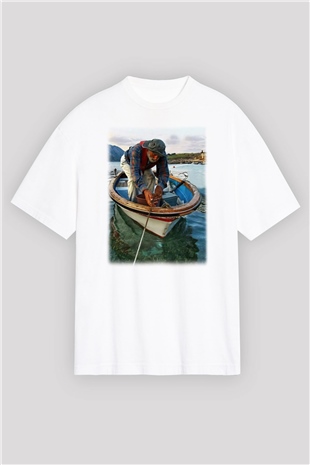 Balıkçı Beyaz Unisex Oversize Tişört T-Shirt