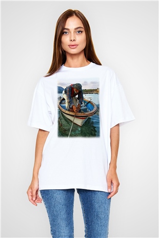 Balıkçı Beyaz Unisex Oversize Tişört T-Shirt