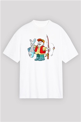 Balıkçı Beyaz Unisex Oversize Tişört T-Shirt
