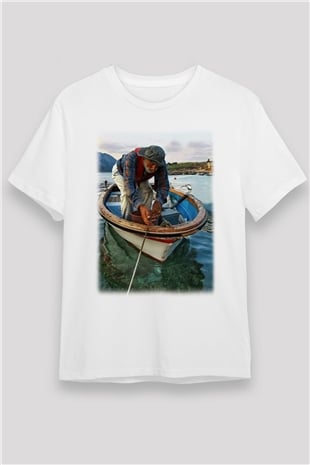 Balıkçı Beyaz Unisex Tişört T-Shirt - TişörtFabrikası