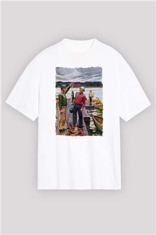 Balıkçı Beyaz Oversize Tişört Oversize T-shirt - TişörtFabrikası