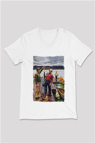 Balıkçı Beyaz Unisex V Yaka Tişört