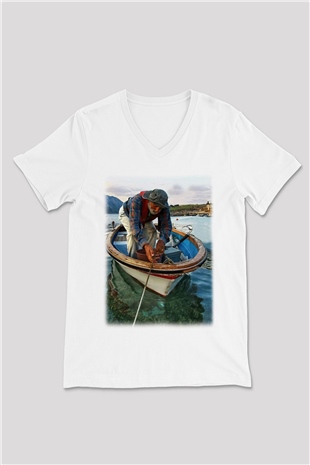 Balıkçı Beyaz Unisex V Yaka Tişört T-Shirt