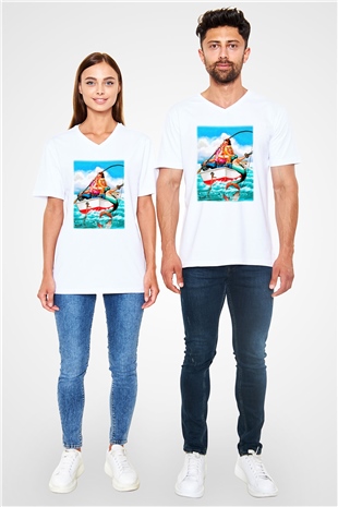 Balıkçı Beyaz Unisex V Yaka Tişört T-Shirt