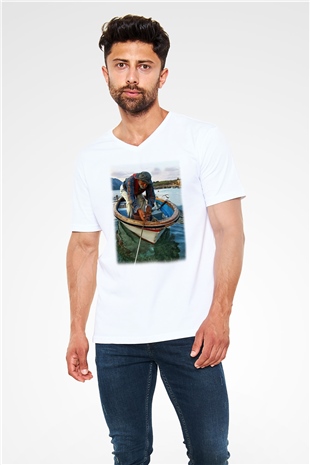 Balıkçı Beyaz Unisex V Yaka Tişört T-Shirt