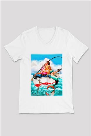 Balıkçı Beyaz Unisex V Yaka Tişört T-Shirt