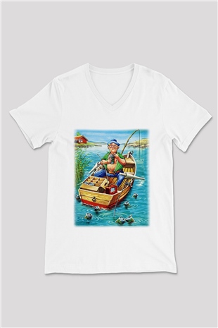 Balıkçı Beyaz Unisex V Yaka Tişört T-Shirt