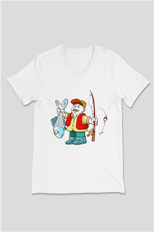 Balıkçı Beyaz Unisex V Yaka Tişört T-Shirt