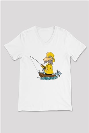 Balıkçı Beyaz Unisex V Yaka Tişört T-Shirt