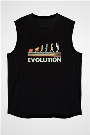 Balıkçı Evrimi Baskılı Unisex Kolsuz Siyah Tişört - Tshirt
