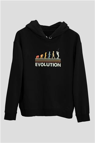 Balıkçı Evrimi Baskılı Unisex Siyah Hoodie