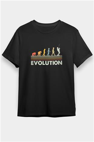 Balıkçı Evrimi Baskılı Unisex Siyah Tişört - Tshirt